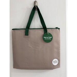Whole Foods Market Small Slim Thermal Shopper Insulated Tote Bag Tan Green NEW